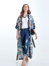 Robe de plage longue en coton à imprimé floral et oiseaux, bleu, blanc et vert, kimono